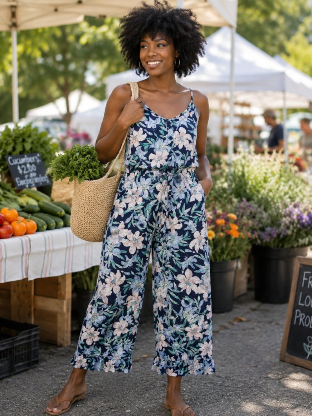Navy Floral Wide-Leg Jumpsuit - Unbranded